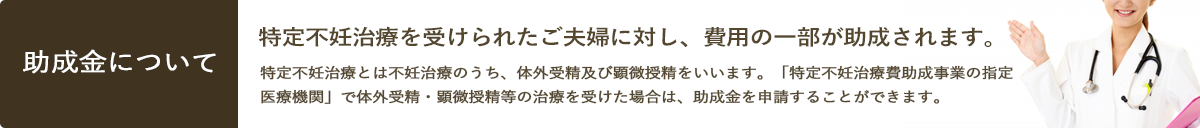 助成金について 特定不妊治療を受けられたご夫婦に対し、費用の一部が助成されます。 特定不妊治療とは不妊治療のうち、体外受精及び顕微授精をいいます。「特定不妊治療費助成事業の指定医療機関」で体外受精・顕微授精等の治療を受けた場合は、助成金を申請することができます。